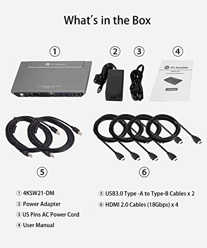 Av Access Kvm Switch Dual Monitor With 4 Hdmi Cables, 4K@60Hz, 2K@144Hz, 1080P@240Hz, Usb 3.0 Kvm Switch 2 Monitors 2 Computers, Ultra-Wide Screen Monitor Keyboard Mouse Switcher, Hotkey Switch #TOP5