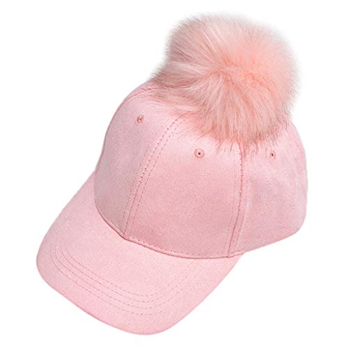 Lagand Mujeres niña Invierno de Hip Hop Béisbol Gorro Ante Terciopelo Glitter Monótono con mullida Grandes pompón Ball Ajustable hysterese Sombrero Hueso Campana Vintage, Rosa, Talla única