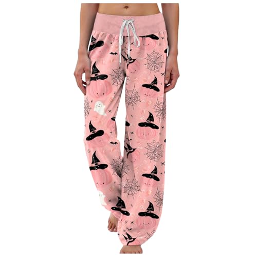 Womens Halloween Bats Pajamas Pants Ladies Pumpkins Ghost Pajama Cute Soft Long Bottoms Women Pjs Pj Jammies Pink