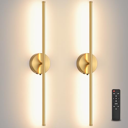 Image of Wall Sconces Battery Operated Set of Two, Gold LED Wireless Wall Sconce with Remote Control 350 Rotate, 27.6 Inch Dimmable USB Rechargeable wall Lights for Living Room Bedroom Hallway