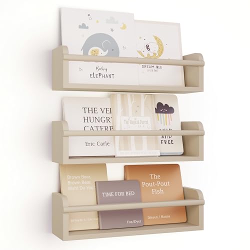 Image of Decorative Nursery Bookshelves for Kids - Set of 3 Easy to Install Floating Shelves for Wall Mount - Beautiful Hanging Organizer Furniture for Your Baby Boy or Girl's Bedroom and Play Room Decor