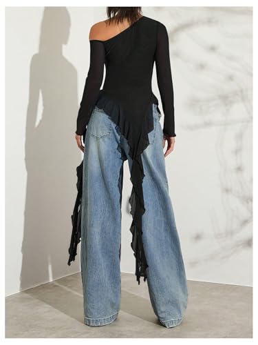 Milumia Women's Off One Shoulder Mesh T Shirt Y2K Asymmetrical Ruffle Trim Long Sleeve Tee Tops3