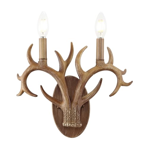Image of JONATHAN Y 13.25 inch Brown Wood Finish Faux Antler LED Vanity Light Set of 2, Rustic Wall Sconces for Bathroom Mirror Hallway, Southwestern Farmhouse Decor, LED Bulbs Included (JYL6308A)