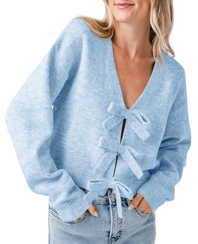 Image of Saodimallsu Womens Bow Sweater Cropped V Neck Long Sleeve Pullover Tops