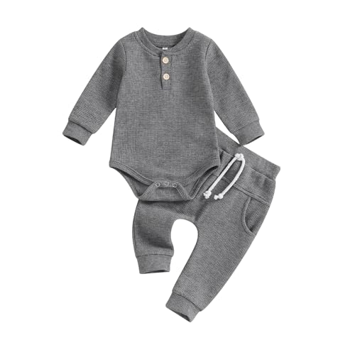 Image of Kuriozud Newborn Baby Boy Clothes Button Long Sleeve Romper Bodysuit Pants Set Infant Soft Waffle Fall Winter Outfit