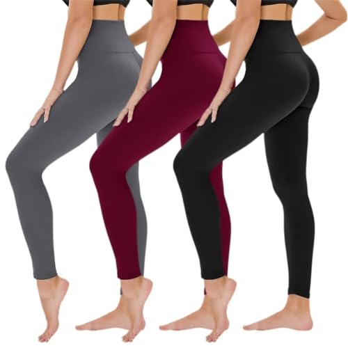 TNNZEET 3er Pack Leggings Damen High Waist Schwarz Leggins Blickdicht für Sport Gym(Schwarz/Dunkelgrau/Weinrot,S-M)