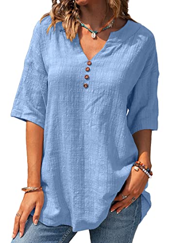 Fangetey Women's Short Sleeve Shirt Casual V-Neck Tee Blouse Cotton Linen Loose Summer Tops Blue #TOP7