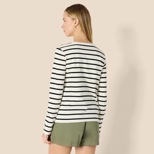 Amazon Essentials Camiseta de Cuello Redondo, Manga Larga, Corte Regular, 100% Algodón Mujer, Cáscara de Huevo Negro Mariner Rayas, M