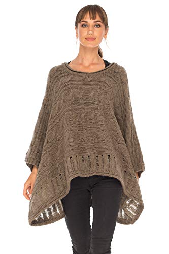 Image of SHU-SHI Womens Oversized Cable Knit Sweater Cowl Neck Sleeved Poncho Topper Boho Casual