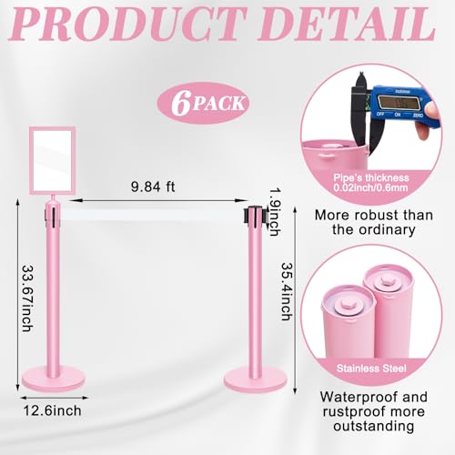 Therwen 6 Pack Heavy Duty Crowd Control Stanchions 9.8 ft Stainless Steel Stanchion Set with 6 Safety Barrier Post Retractable Belt and 1 Sign Holder Crowd Control Barrier(White Belt,Pink)