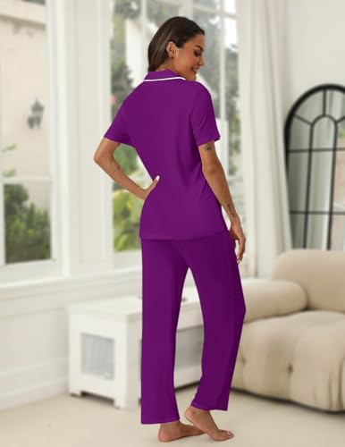 Image of HNG Women Pajamas Set 2 Piece Button Up Pajamas Pant and Short Sleeve Shirt for Woman Pj Sets with Pocket