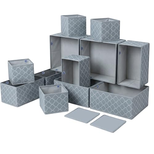 Skrill 12-Piece Foldable Cloth Storage Box Set | Cube Baskets, Bins & Dividers for Closet & Dresser Drawer Organization | Storage for Shirts, Pants, Underwear, Bras, Socks & More (Quatrefoil Grey)