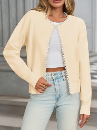 Image of Saodimallsu Womens Fall Open Front Cardigan Sweaters Pearl Long Sleeve Knit Tops Crewneck Dressy Casual Sweater Jacket