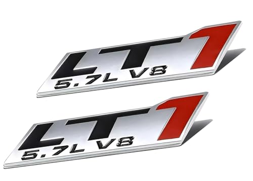 Image of Pair Set LT1 5.7L V8 Engine Hood Trim Badge 3D Emblem Sticker Nameplate (Silver Black Red)