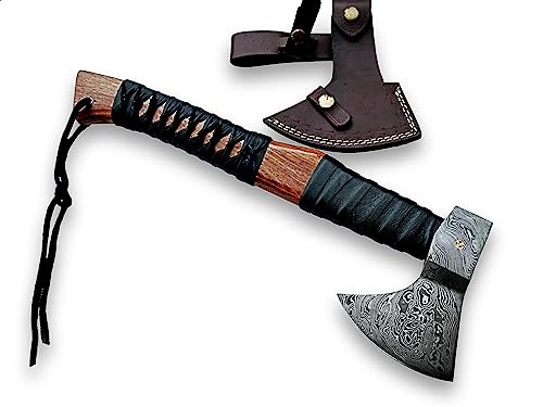 Hand Forged Damascus Steel Viking Axe with Rose Wood Handle & Leather Sheath – Camping, Survival, Bushcraft Hatchet OB-0786