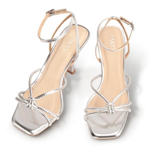 Image of PARTY Women's Square Open Toe Strappy Heeled Sandals 3 inch Stiletto Kitten Heel with Ankle Buckle Strap, Comfortable Slingback Summer Dress Shoes