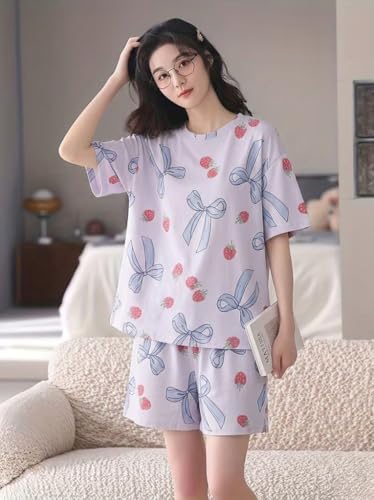 Image of Korean Night Dress |Shorts Set |Round Neck Half Sleeve Nightsuit |Premium Cotton Blend Stylish Digital Printed Pajama Co-ords |Matching 2 Piece Sleepwear Nightwear Cute Pjs |Casual Lounge Sets
