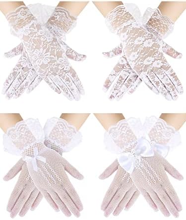 Heentan 4 Pairs Princess Dress up Bow Gloves Girl Satin Fancy Gloves Short Formal Gloves Floral Lace Gloves for Costume (White), Medium