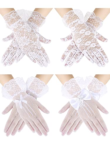 Heentan 4 Pairs Princess Dress Up Bow Gloves Girl Satin Fancy Gloves Short Formal Gloves Floral Lace Gloves For Costume (White), Medium #TOP1
