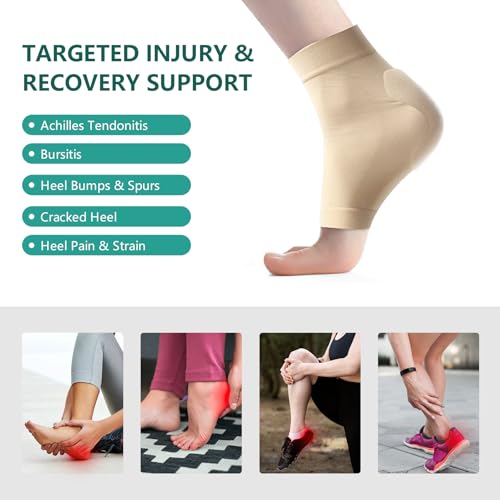 Image of Welnove Achilles Tendonitis Heel Protector Socks - 4 Pcs Achilles Tendon Support Compression Socks - Gel Padded Sleeve for Cushion & Protection of Bursitis, Tenderness, Dry Cracked (Beige,Larger)