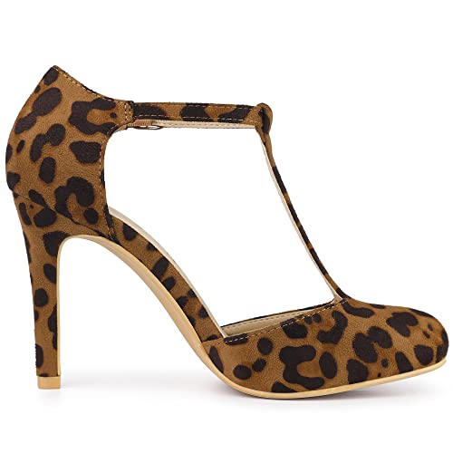 Allegra K Women's Rounded Toe Stiletto Heel T-Strap Dress Leopard Pumps 8 M Us #TOP5