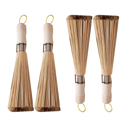 Image of 4 Pack Bamboo Pot Brush, Wok Cleaning Brush for Dishes, Pans, Cast Iron (Wooden-Lanyard)