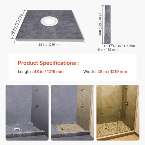 Image of VEVOR Shower Curb Kit, 48 x 48 in Watertight Shower Curb Overlay with 4 in PVC Center Bonding Flange, 4 in Stainless Steel Grate, 2 Cuttable Shower Curbs Trowel and Shower Pan Slope Stick for Bathroom