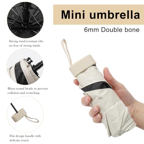 ZMDMAH Mini parasol ultrakompaktowy, ultra lekki parasol kieszonkowy z 99% ochroną przed promieniowaniem UV i UPF50+, odporna na uderzenia tkanina, stalowy drążek, powierzchnia parasola 91 cm, beżowa