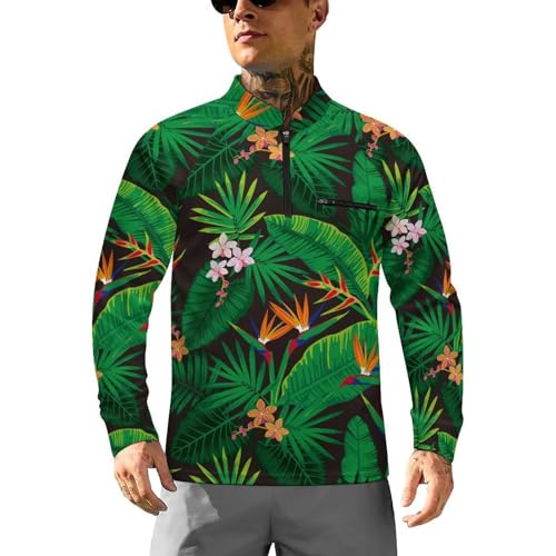 Tropical Jungle Floral Pattern Men's Rash Guard Long Sleeves Quick Dry Fishing Workout Shirts with Zipper