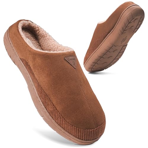 Weatherproof Vintage Men's Corduroy Slippers in Tan, Size 11-12, Lightweight Memory Foam House Slippers with Faux Shearling Lining and Easy Slip-On Design