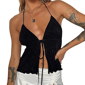 Barbotimer Cardigan Top Corto a Canotta Estiva per Festa Streetwear Canotte con Halter Sexy Allacciato Scollo a V Senza Schiena Donna Elegante Casual (Nero, S)