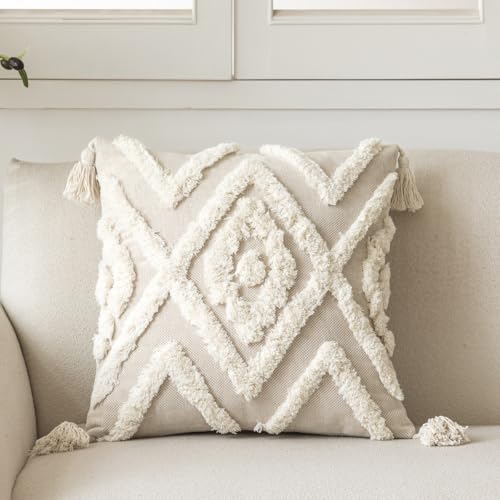 IKATYARN Woven Tufted Boho Throw Pillow Cover, Cream Modern Decorative Geometric Cushion...