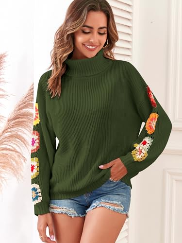 Image of ZAFUL Flower Crochet Turtleneck Sweater for Women Pullover Puff Long Sleeve Boho Knit Sweaters Trendy Knitwear Tops