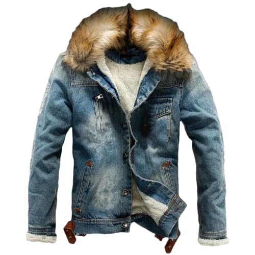 Wjnvfioo Autumn Winter Mens Casual Denim Jacket With Fur Collar Retro Ripped Fleece Jeans Jacket And Coat