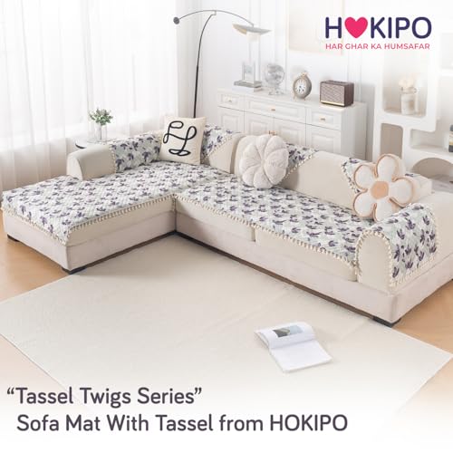 Image of HOKIPO Lavender Vine L Shape (3+2 Seater) Sofa Seat Mat with Tassel| Quilted Sofa Cover Mat, 'Tassel Twigs' Series (IN-984-T1 + IN-986-T1)