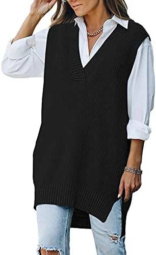 Viottiset Women's Oversized V Neck Houndstooth Knit Sweater Vest Sleeveless Tunic Top Black Large