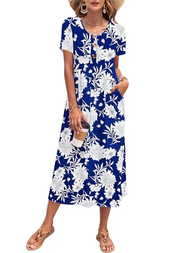 MOLERANI Women's Summer Midi Casual Loose Dress Short Sleeve,Blue WT F C,L