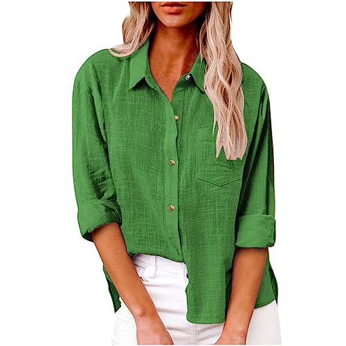 tsaChick Damen-Bluse aus Leinen mit 3/4-Ärmeln Rundhalsausschnitt Sommer-Freizeitoberteil lockere Passform Green 109 XL 40