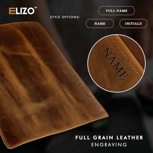 Image of ELIZO Personalized Premium Full Grain Leather Chef Knife Roll, 17L x 14W Inches Knife Storage Travel Case, Professional Custom Monogram Embossed Chef Knife Case - Holds 4 Chef Knives