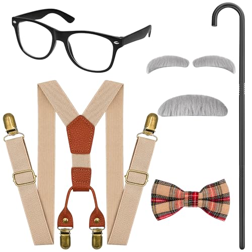 Horolam Accessori per il costume da vecchio, set di costumi da nonno con barba finta, sopracciglia, occhiali da passeggio, bretelle per bambini, ragazzi, rosso