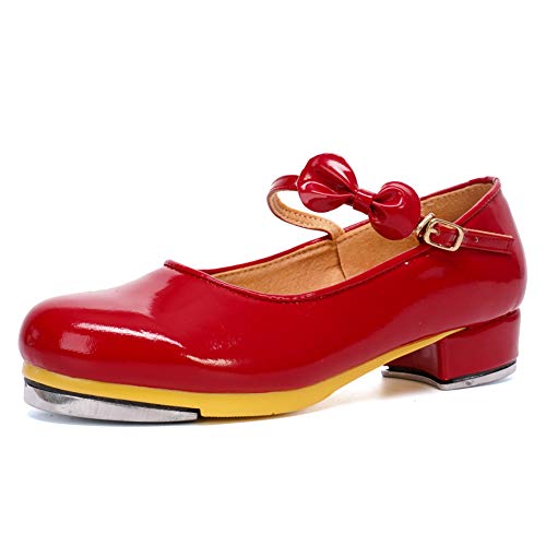HIPPOSEUS Girls Tap Dance Shoe for Beginner Mary/Jane Dancing Shoes for Tap Danceing with Bow 208