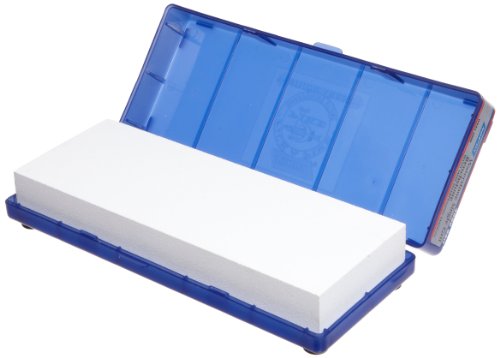 Norton-Saint Gobain Abrasives 89507 Piedra de agua de grano 4000 para afilar rápido y acabados ultra finos, abrasivos de carburo de silicio/óxido de aluminio, 8 pulgadas de largo x 3 pulgadas de ancho x 3 pulgadas de alto, caja con bisagras de plástico azul