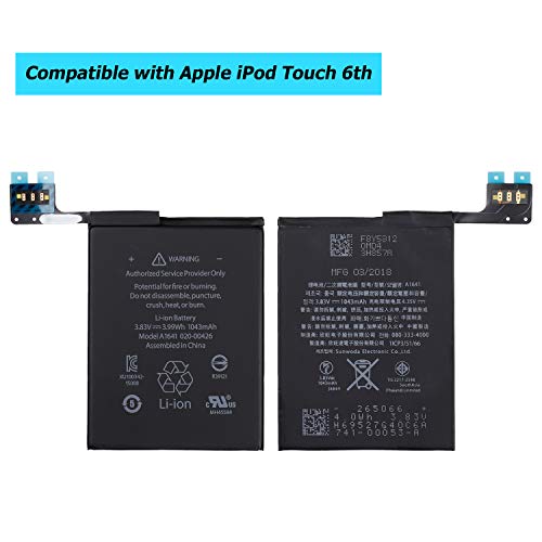 Vvsialeek Li-ion Battery A1641 Compatible with iPod Touch 6th Gen 16GB 32GB 64GB A1574 iPod 7.1 020-00425 1043mah with Toolkit