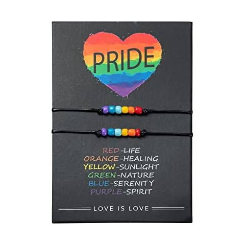 VERSRH 2PCS Rainbow Bracelets Set, Gay Pride Rice Beads Beaded Bracelet, Adjustable Love is Love Peace and Love Bracelet Jewelry Gift for Couple, Gay Pride Accessories for LGBT Pride Day Parade Cover