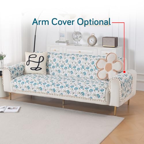 Image of HOKIPO Cerulean Bloom Quilted Sofa Cover 5 Seater with Tassels - (3+2) for Seat & Back | 'Tassel Twigs' Series (IN-991-T6 + IN-990-T6)
