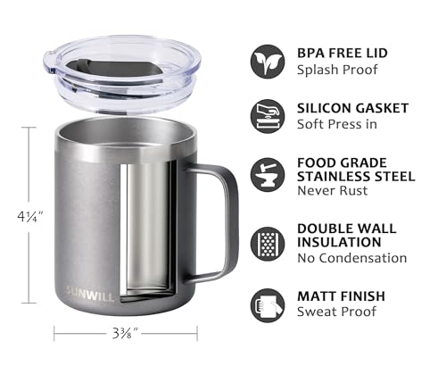 Image of SUNWILL Coffee Mug with Handle, 14oz Insulated Stainless Steel Coffee Travel Mug, Double Wall Vacuum Reusable Coffee Cup with Lid, Cool Grey