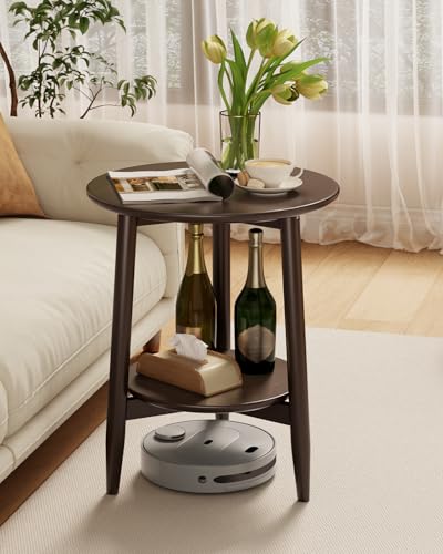 YQJJGL Round End Table,Solid Wood Small Round Table with Lower Shelf,Round Side Table,Nightstand for Small Spaces,Living Room,Bedroom(Walnut)