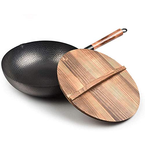 Wok para estufa de gas y cocina de inducción, sartén antiadherente sin revestimiento con tapa de madera, 32 cm, universal para una experiencia de cocina auténtica
