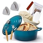 5QT Enameled Cast Iron Bread Oven with Proofing Basket for Sourdough Bread Baking, Bread Making Supplies Tools,Heavy-Duty Cookware for Braising, Stews, Roasting, Bread Baking (Darkcyan)