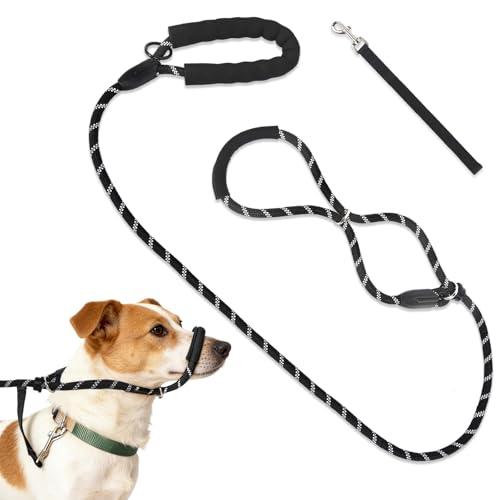 Figure of 8 Dog Lead Anti Pull Dog Lead with Nose Padding Safety Clip Figure 8 Dog Lead for Large Medium Dogs (Black)
